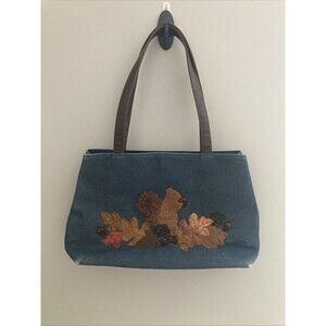 Cappelli Straworld Denim Squirrel Leaves Handbag Kitschy Appliqué Fall Autumn